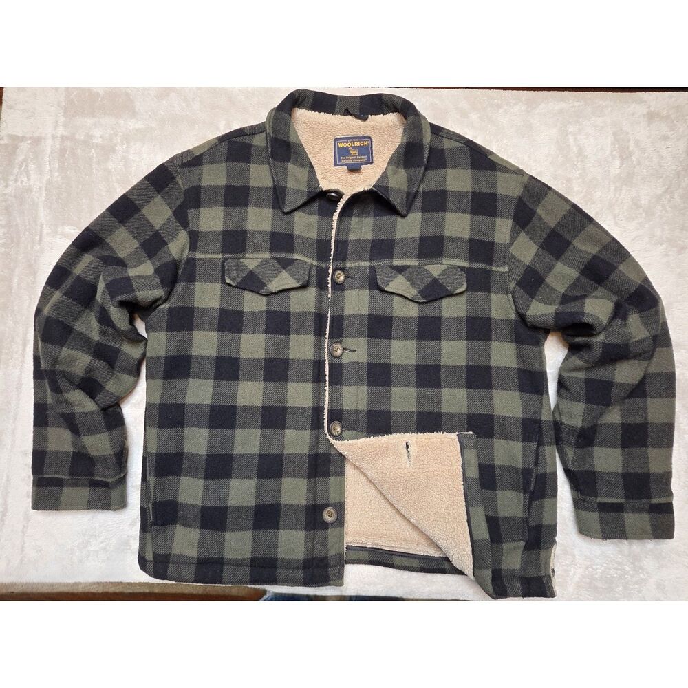 Vintage Woolrich Wool Buffalo Plaid Sherpa Jacket Green Black Men’s M Y2K
